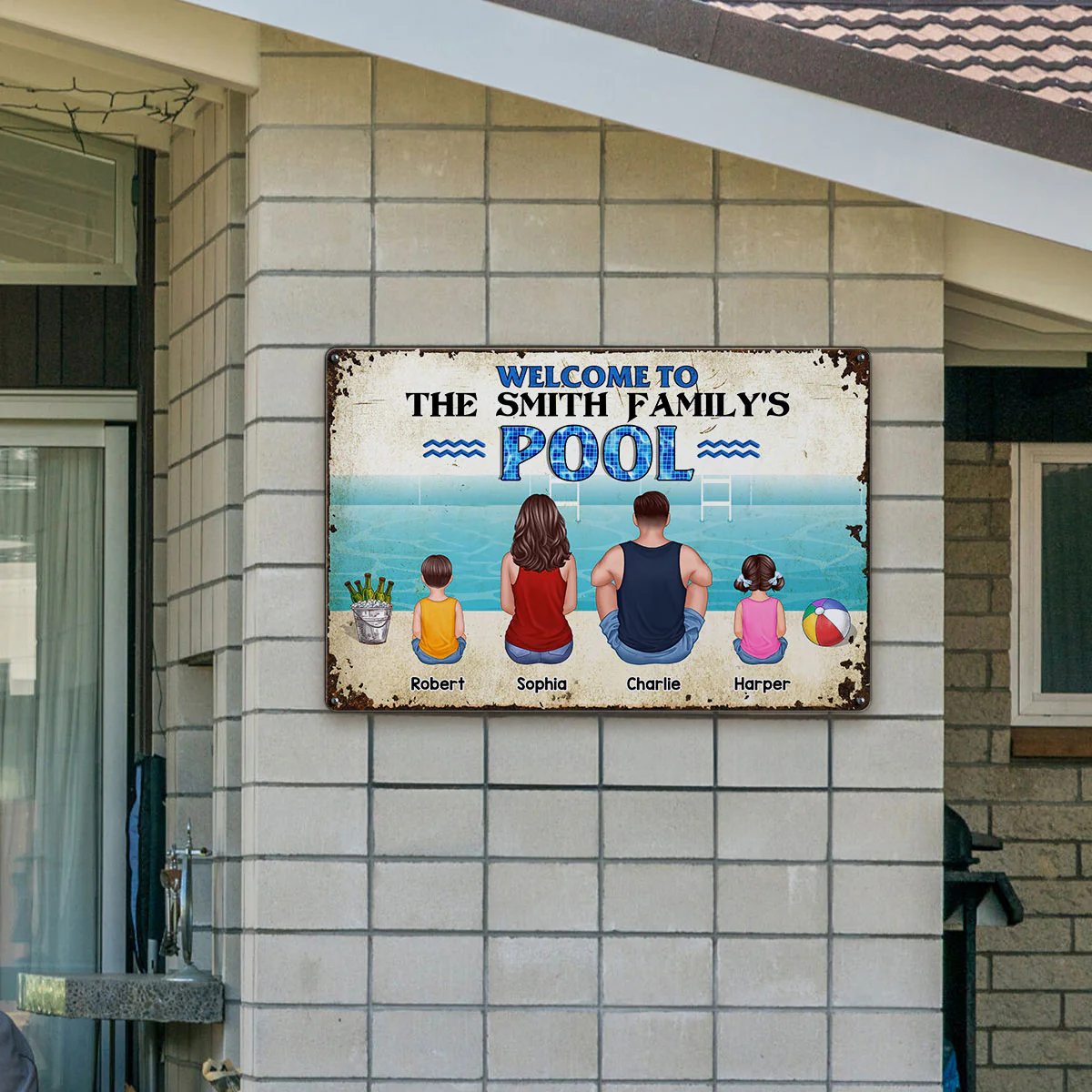 Welcome To Family Poolside Back View Personalized Metal Sign - Image 8