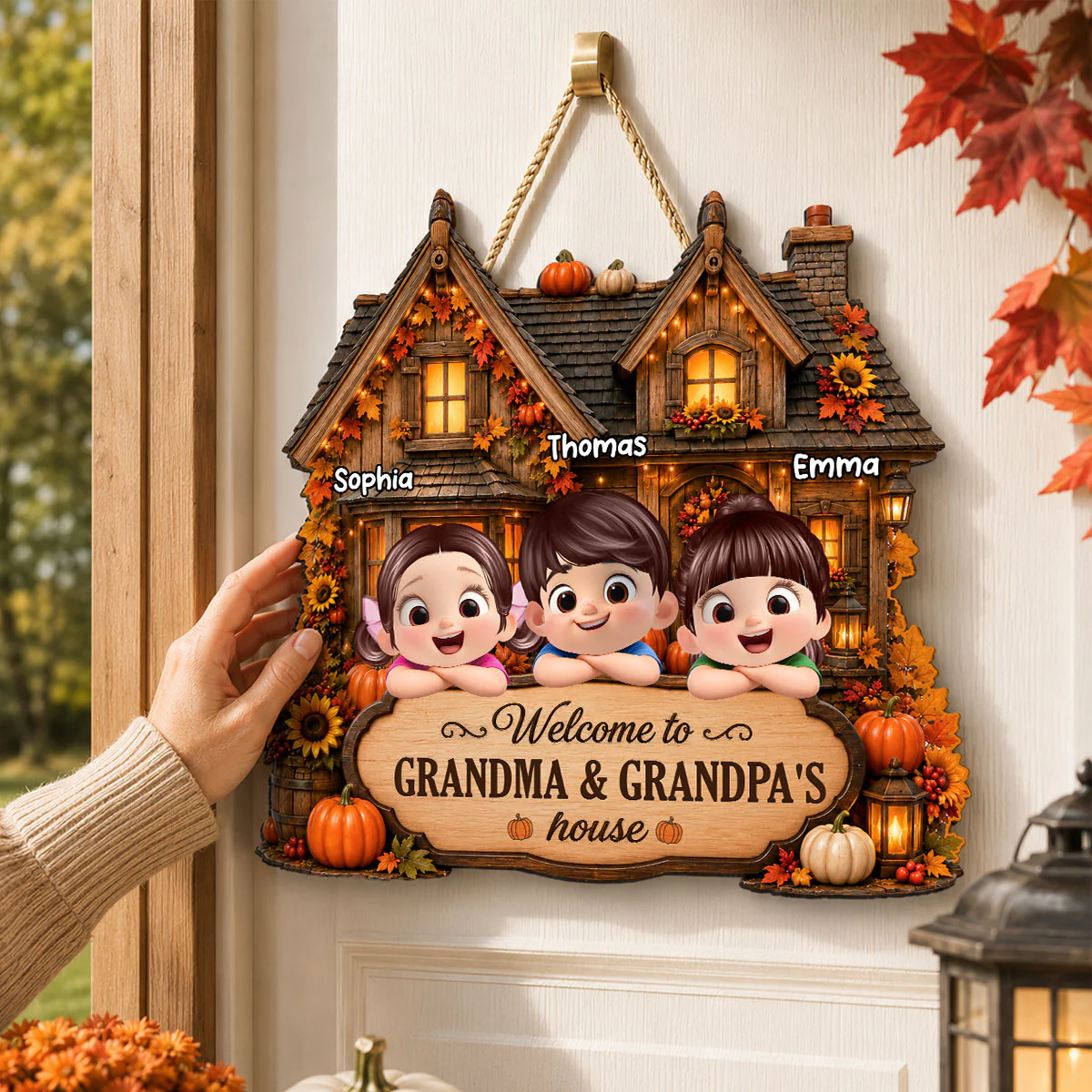 Welcome to Grandma Grandpa Fall Pumpkin House - Personalized Wooden Door Sign - Fall Thanksgiving Farmhouse Gift - Image 2