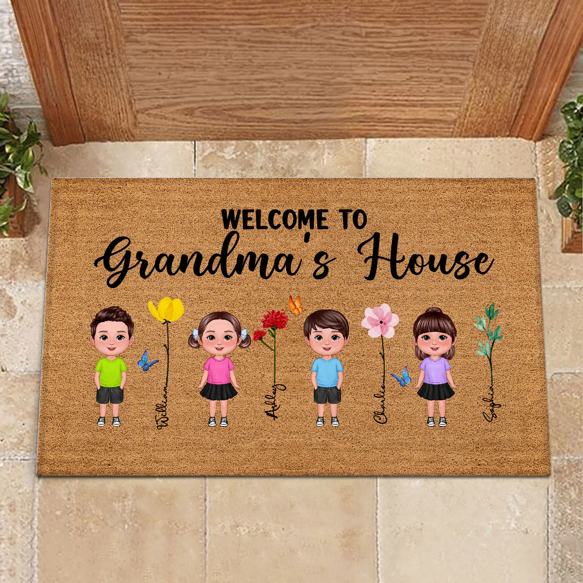 Welcome To Grandma Grandpa Grandparents House Grandkids Standing Watercolor Flowers Personalized Doormat