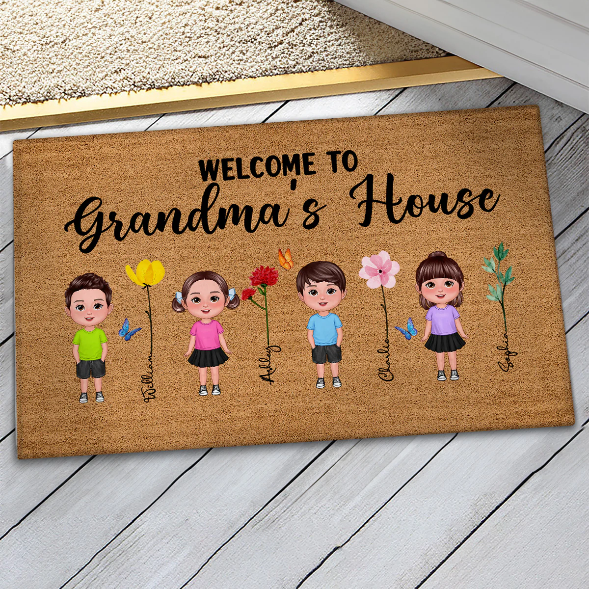 Welcome To Grandma Grandpa Grandparents House Grandkids Standing Watercolor Flowers Personalized Doormat - Image 3