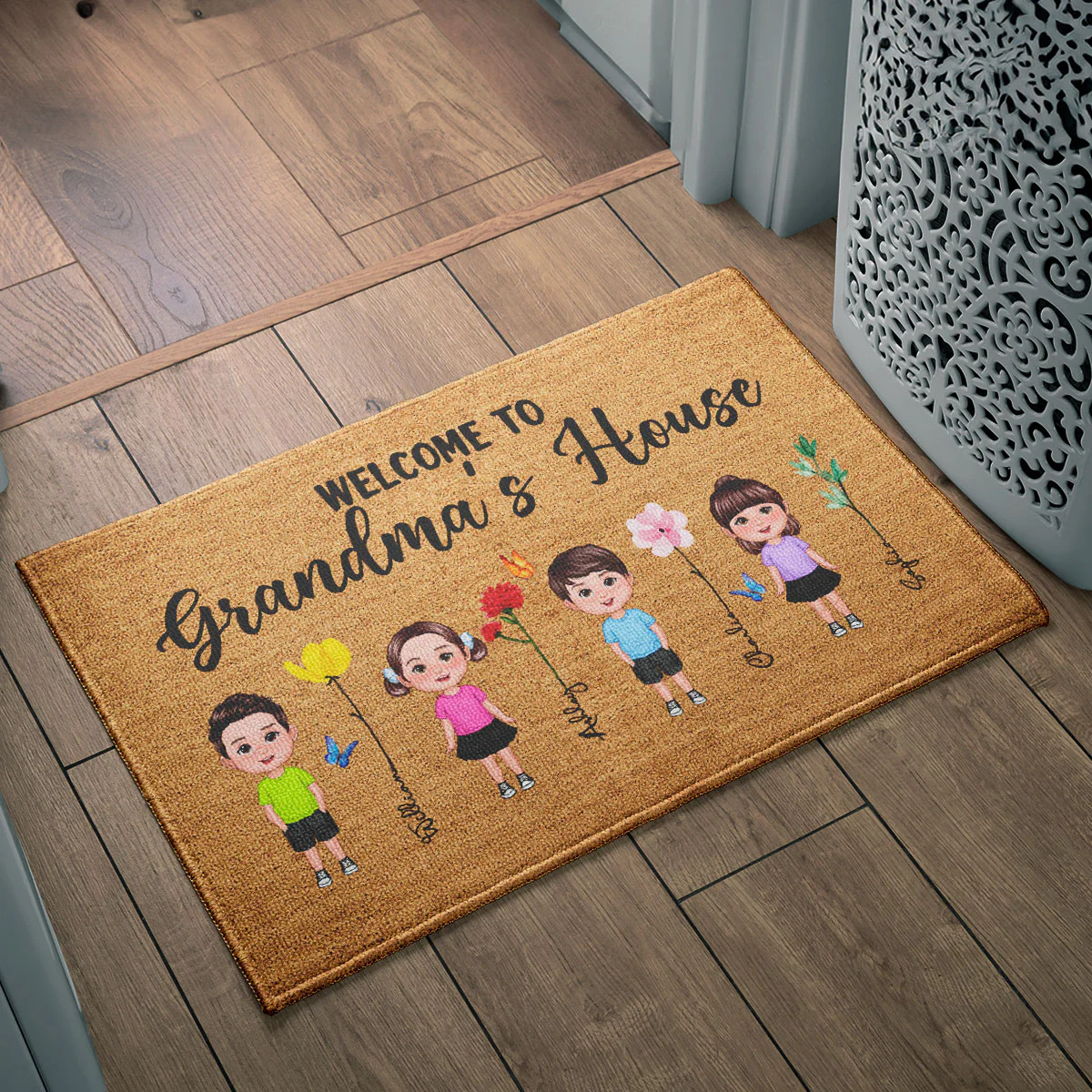 Welcome To Grandma Grandpa Grandparents House Grandkids Standing Watercolor Flowers Personalized Doormat - Image 6