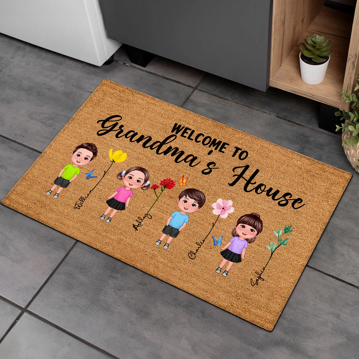 Welcome To Grandma Grandpa Grandparents House Grandkids Standing Watercolor Flowers Personalized Doormat - Image 7
