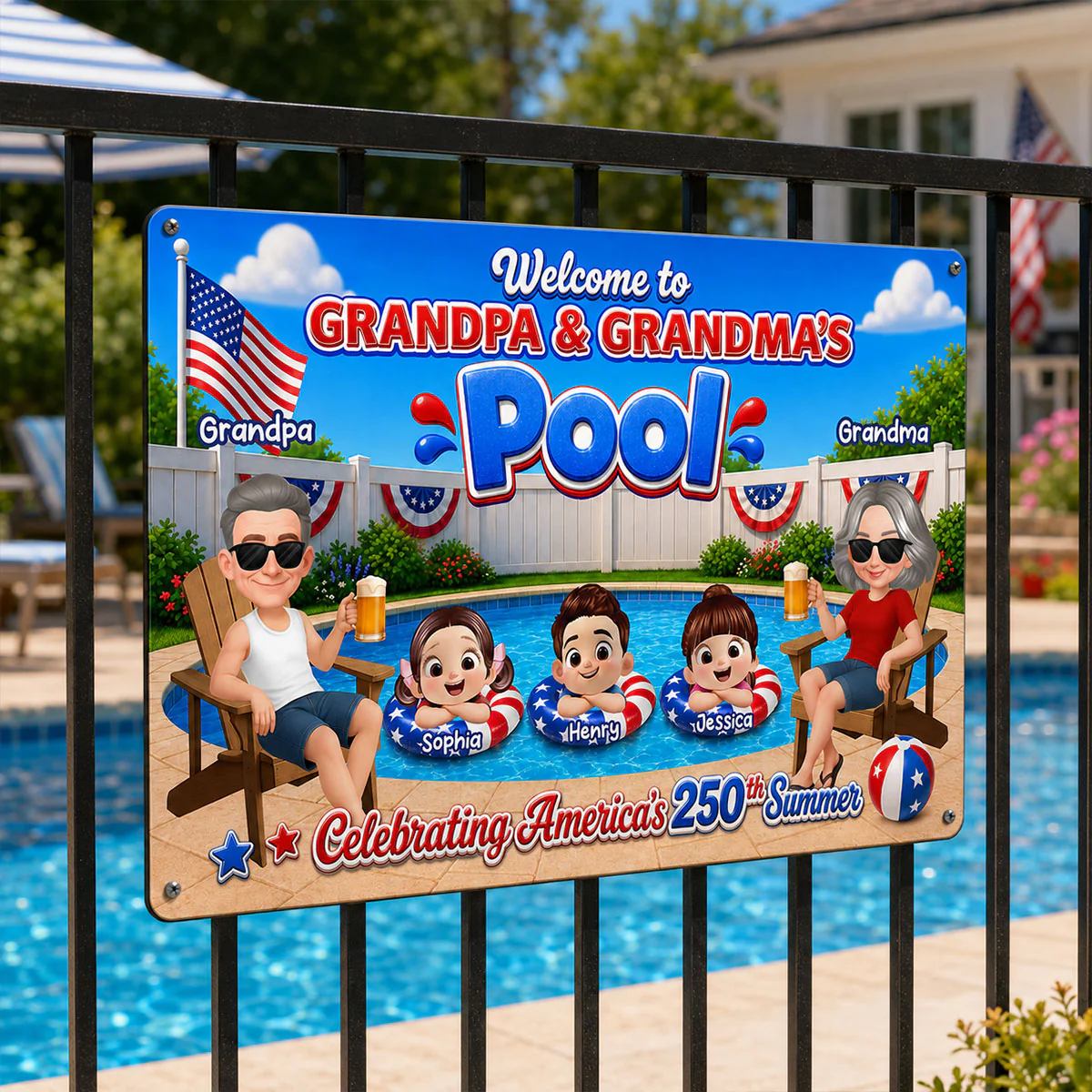 Welcome To Grandma Grandpa Pool America 250th Anniversary - Personalized Metal Sign - Gift For Grandparents, Summer Decoration - Image 10