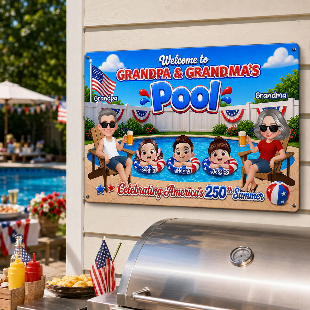 Welcome To Grandma Grandpa Pool America 250th Anniversary - Personalized Metal Sign - Gift For Grandparents, Summer Decoration - Image 12