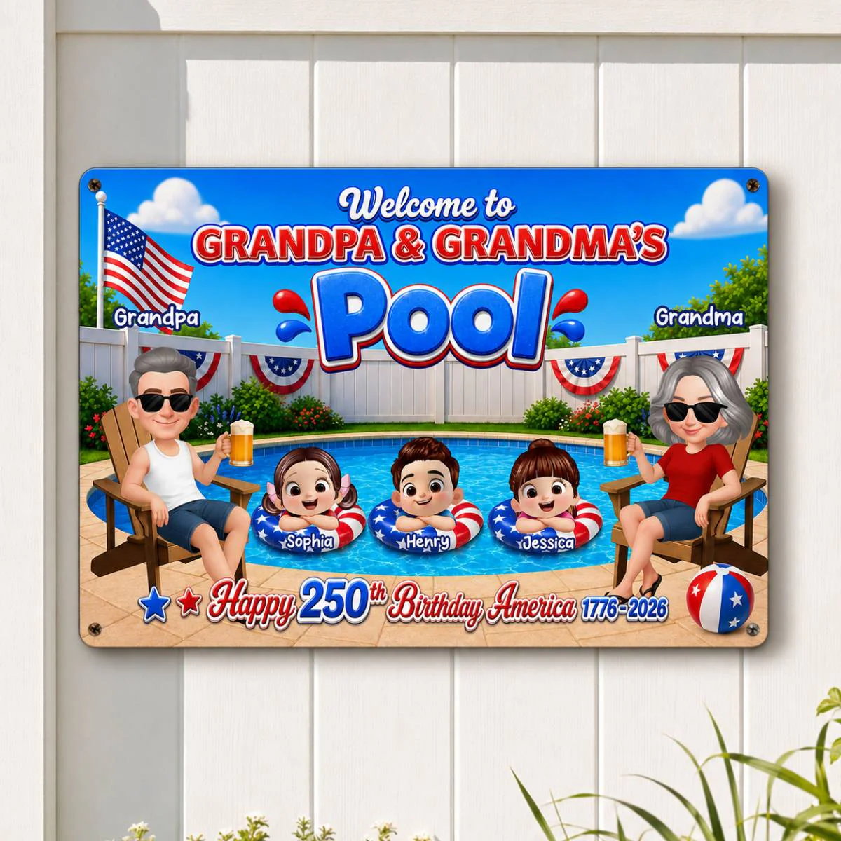 Welcome To Grandma Grandpa Pool America 250th Anniversary - Personalized Metal Sign - Gift For Grandparents, Summer Decoration - Image 2