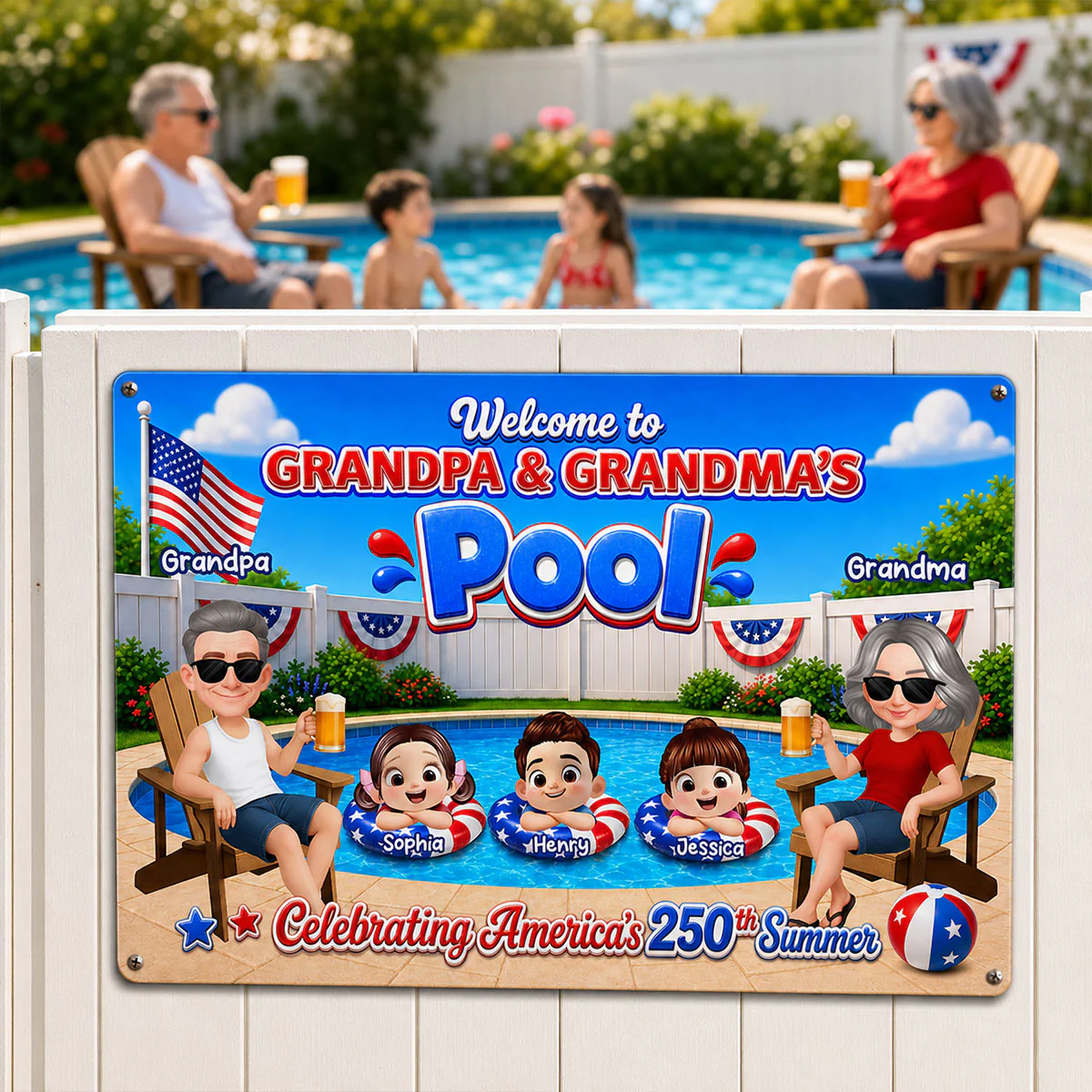 Welcome To Grandma Grandpa Pool America 250th Anniversary - Personalized Metal Sign - Gift For Grandparents, Summer Decoration - Image 3
