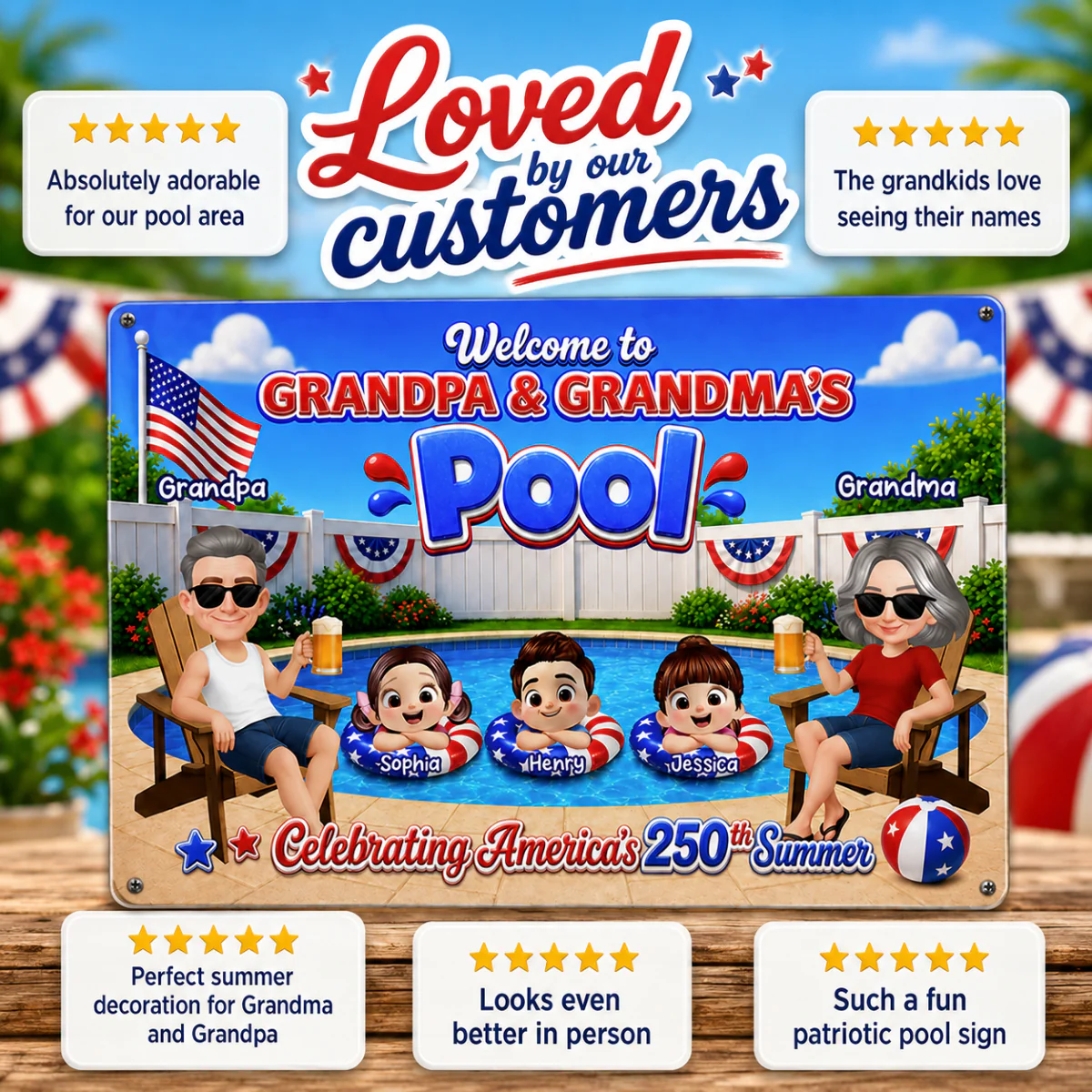 Welcome To Grandma Grandpa Pool America 250th Anniversary - Personalized Metal Sign - Gift For Grandparents, Summer Decoration - Image 4