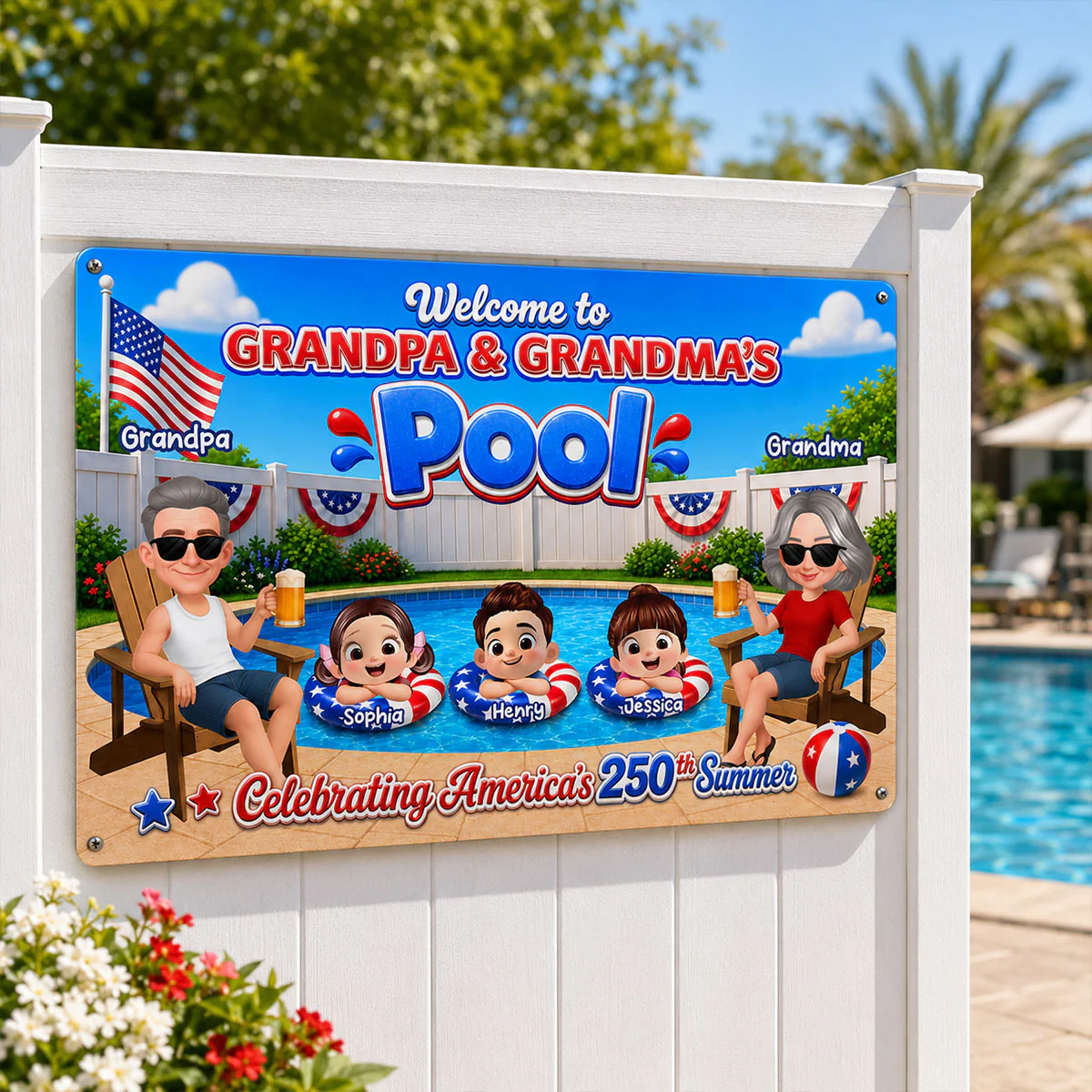 Welcome To Grandma Grandpa Pool America 250th Anniversary - Personalized Metal Sign - Gift For Grandparents, Summer Decoration - Image 9