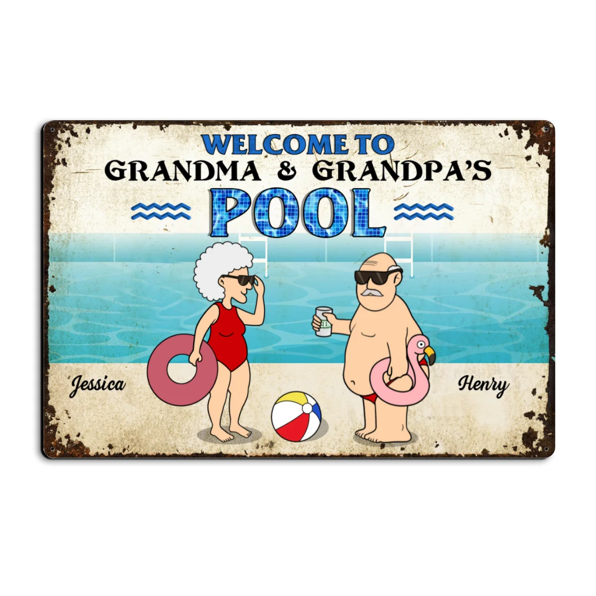 Welcome To Grandma Grandpa Pool, Funny Cartoon Personalized Metal Sign - Image 11