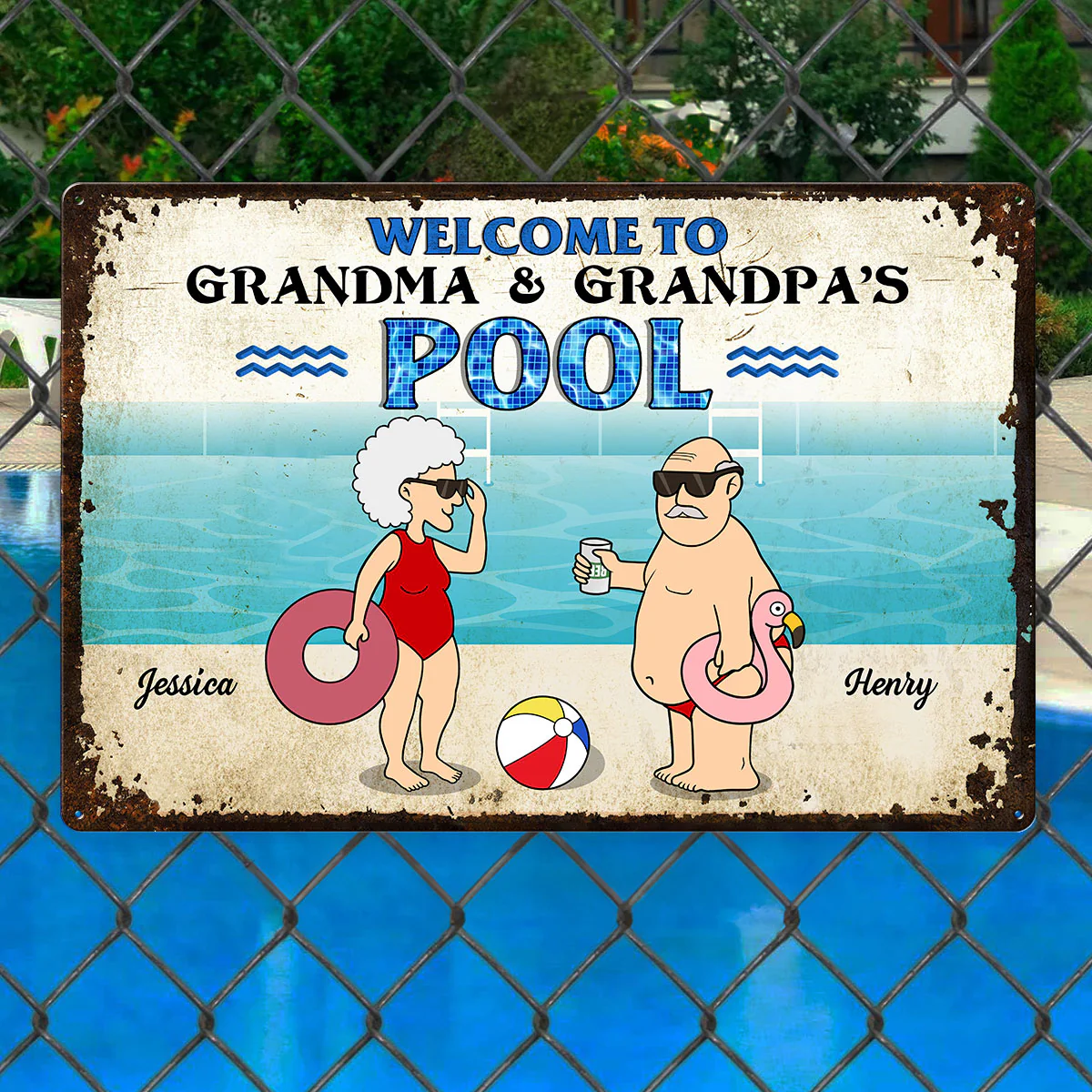 Welcome To Grandma Grandpa Pool, Funny Cartoon Personalized Metal Sign - Image 4