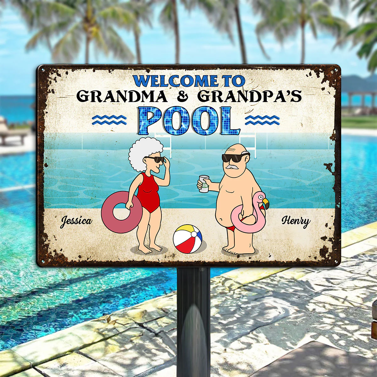 Welcome To Grandma Grandpa Pool, Funny Cartoon Personalized Metal Sign - Image 5