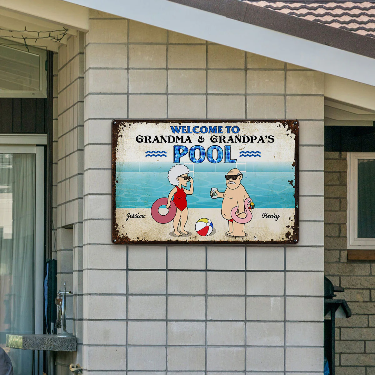 Welcome To Grandma Grandpa Pool, Funny Cartoon Personalized Metal Sign - Image 6