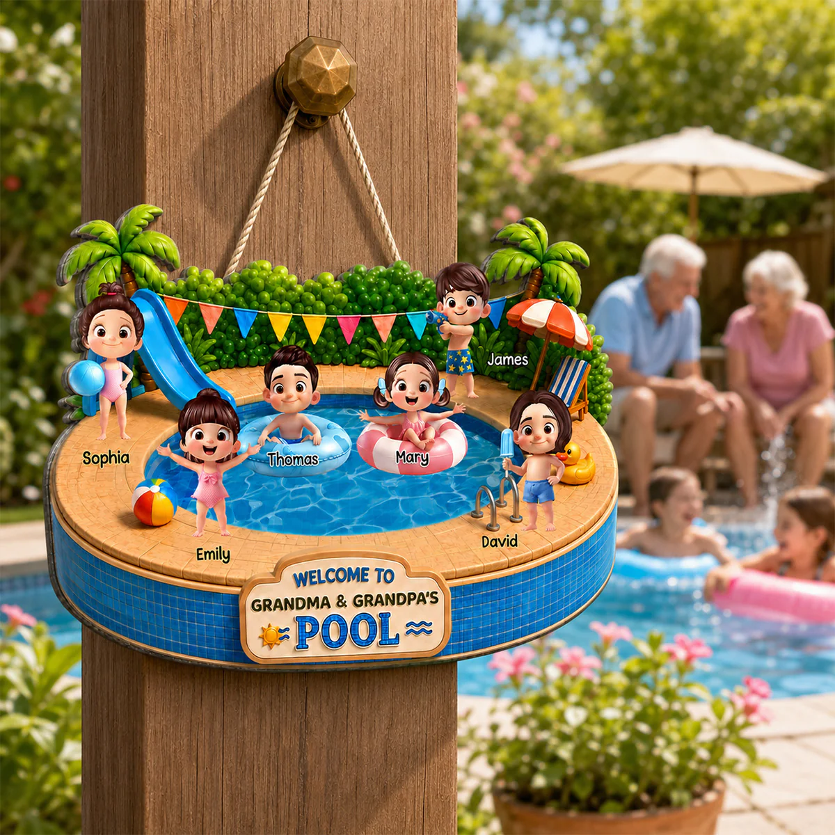 Welcome To Grandma Grandpa Pool Playful Kids 2D Flat - Personalized Wood Sign - Image 6