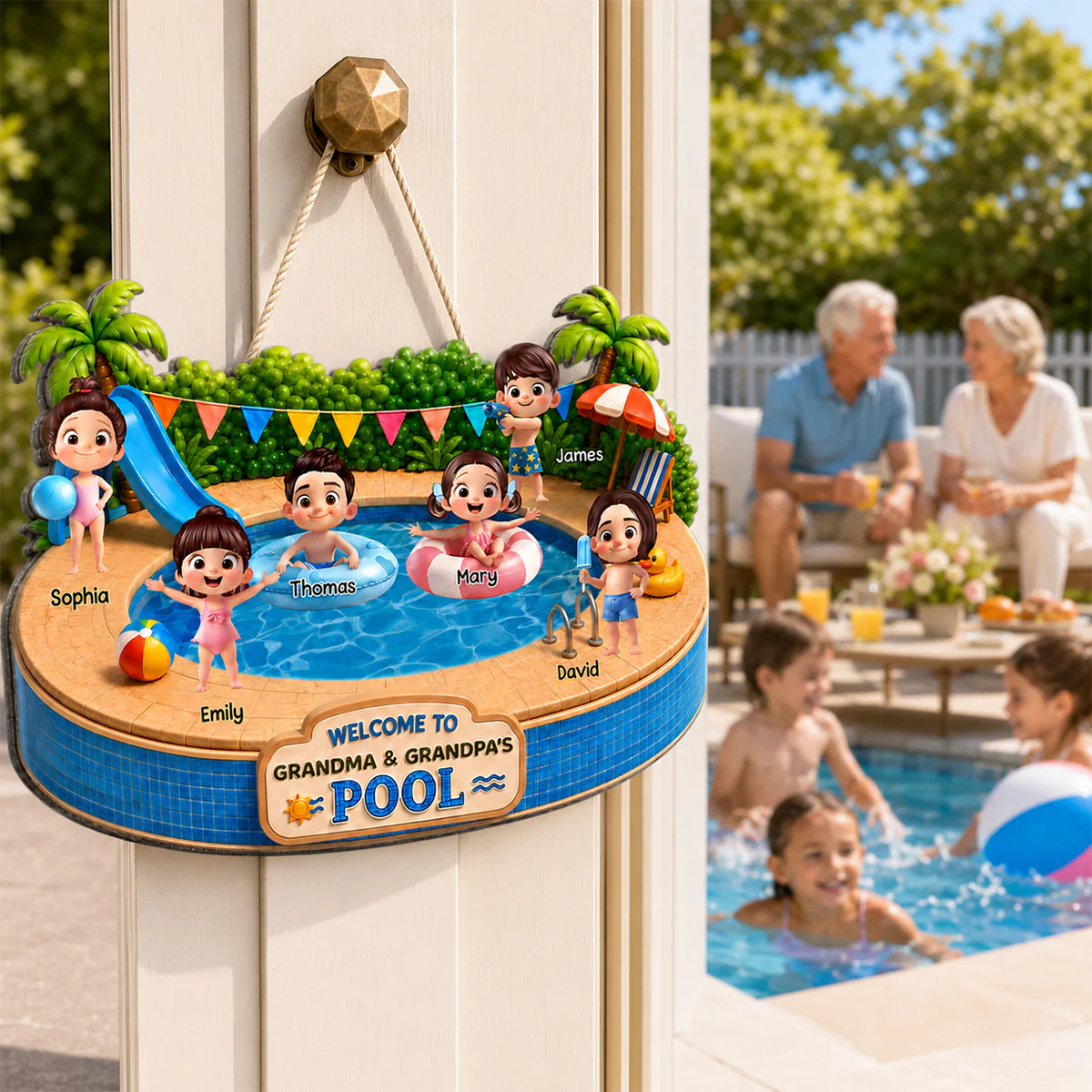 Welcome To Grandma Grandpa Pool Playful Kids 2D Flat - Personalized Wood Sign - Image 7