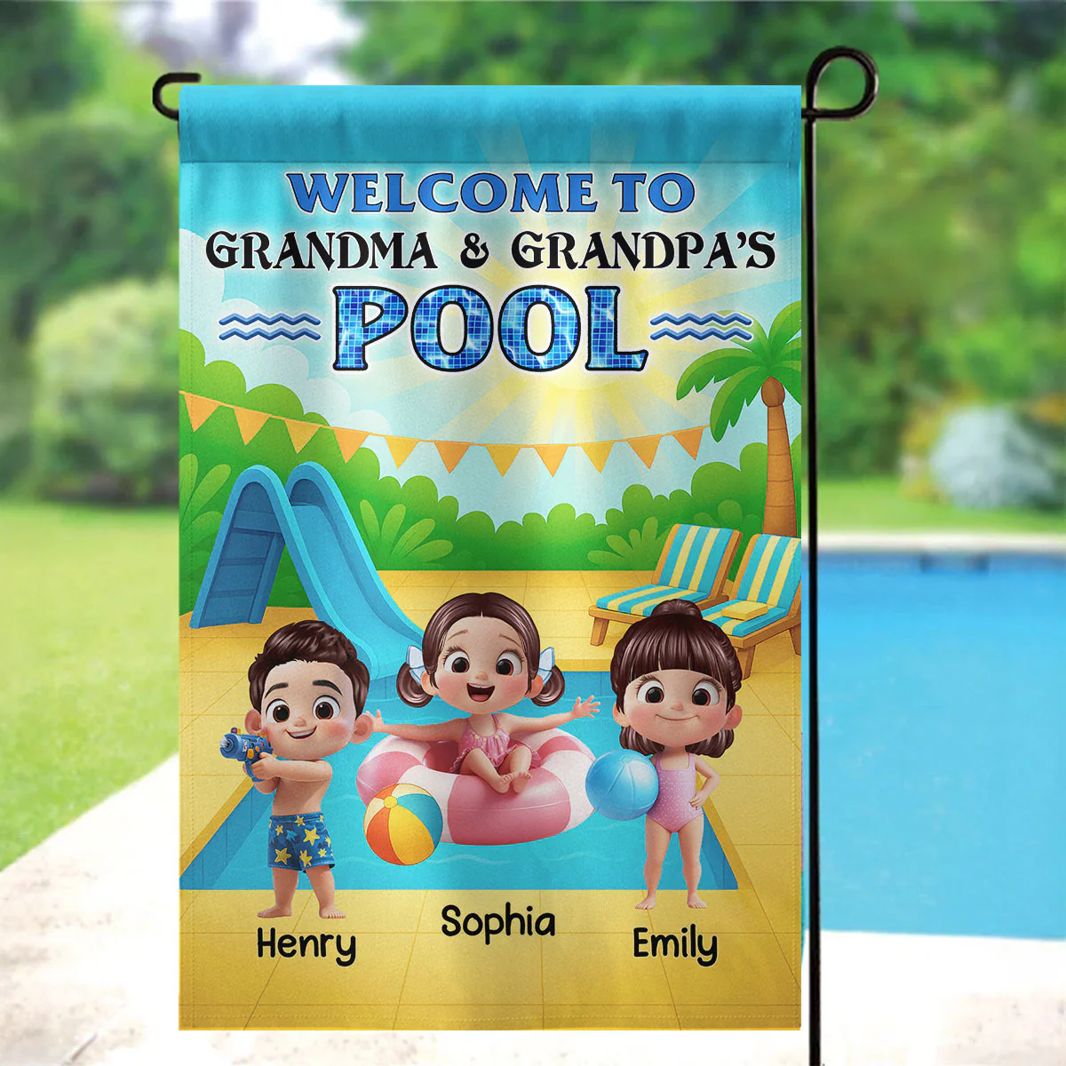 Welcome to Grandma Grandpa's Pool Personalized Garden Flag, Summer Grandkids Welcome Flag - Image 2