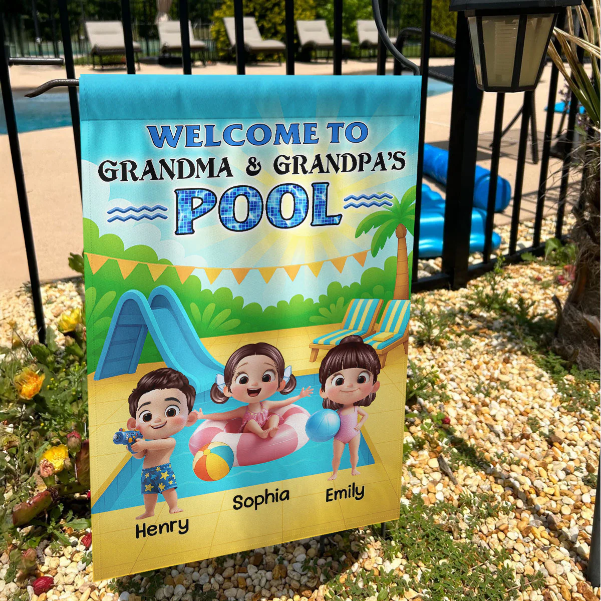 Welcome to Grandma Grandpa's Pool Personalized Garden Flag, Summer Grandkids Welcome Flag - Image 4
