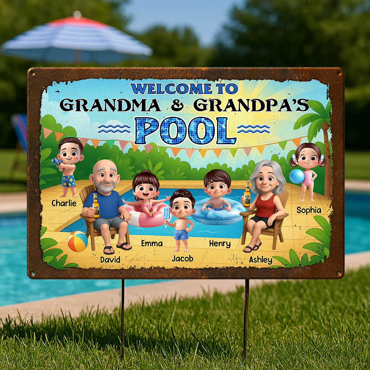 Welcome to Grandma & Grandpa's Pool Personalized Metal Sign, Grandparents Hosting Grandkids Summer Sign - Image 2