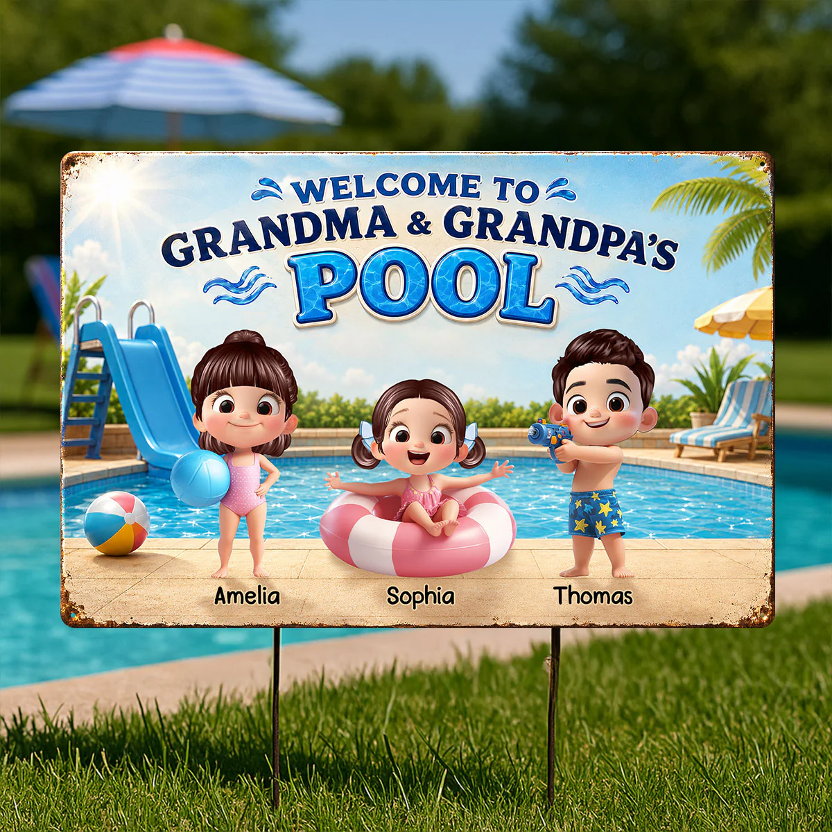 Welcome to Grandma Grandpa's Pool - Personalized Metal Sign - Summer Decor Gift for Grandparents - Image 2