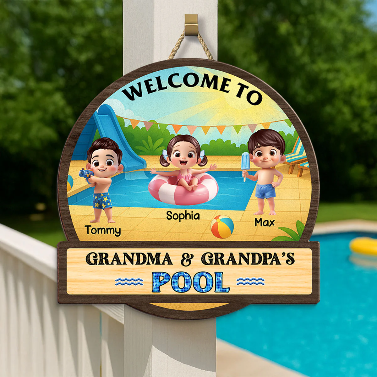 Welcome to Grandma & Grandpa's Pool Personalized Wood Sign, Grandkids Pool Summer Welcome Sign