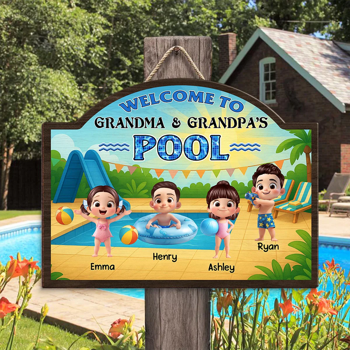 Welcome to Grandma Grandpa's Pool Personalized Wood Sign, Summer Grandkids Welcome Sign - Image 3