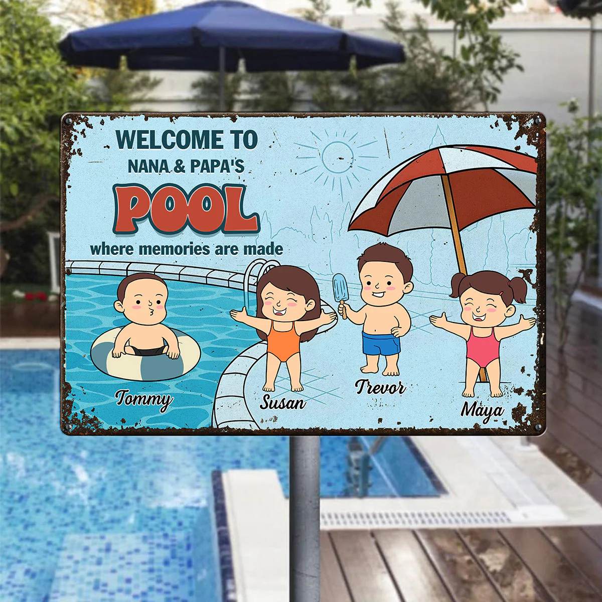 Welcome to Grandma & Grandpa's Pool Summer Decoration Personalized Metal Sign - Image 7
