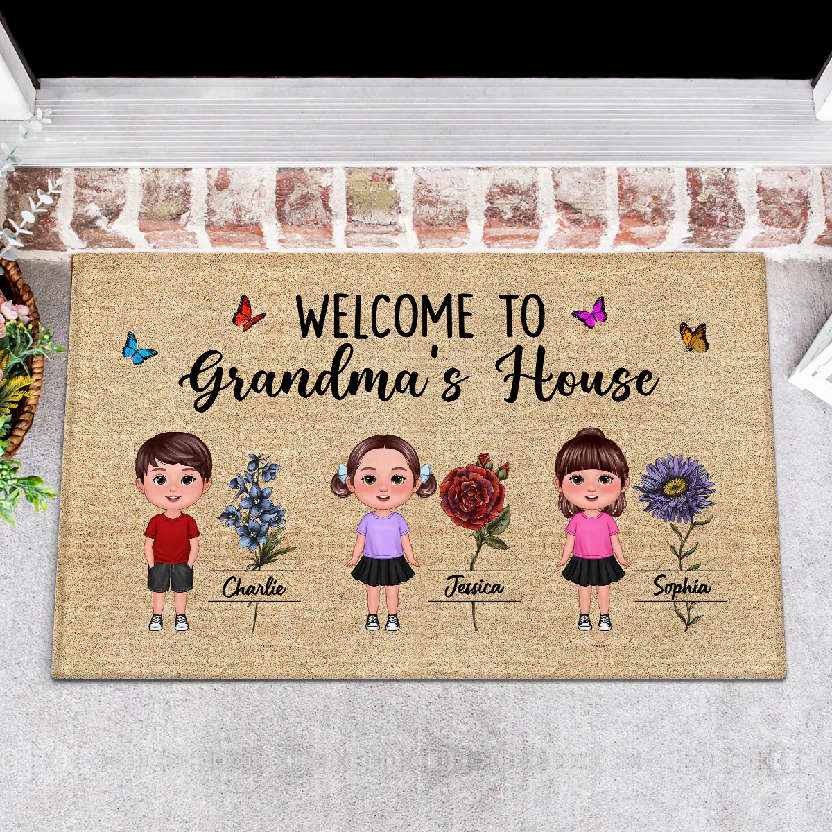 Welcome To Grandma House Beautiful Vintage Birth Month Flower Personalized Doormat