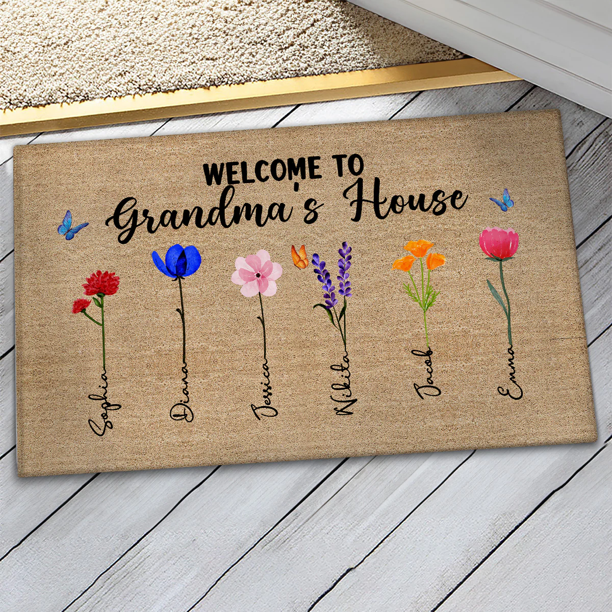 Welcome To Grandma Nana House Watercolor Birth Flowers Personalized Doormat - Image 3