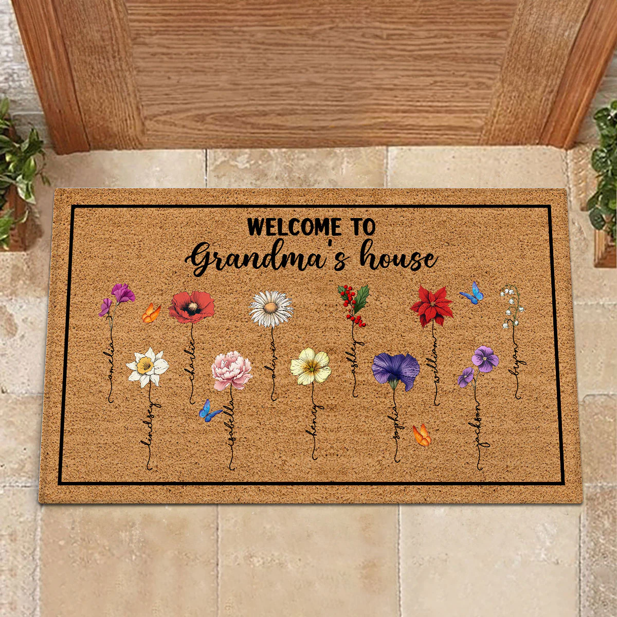Welcome To Grandma‘s House Vintage Birth Flowers Personalized Doormat