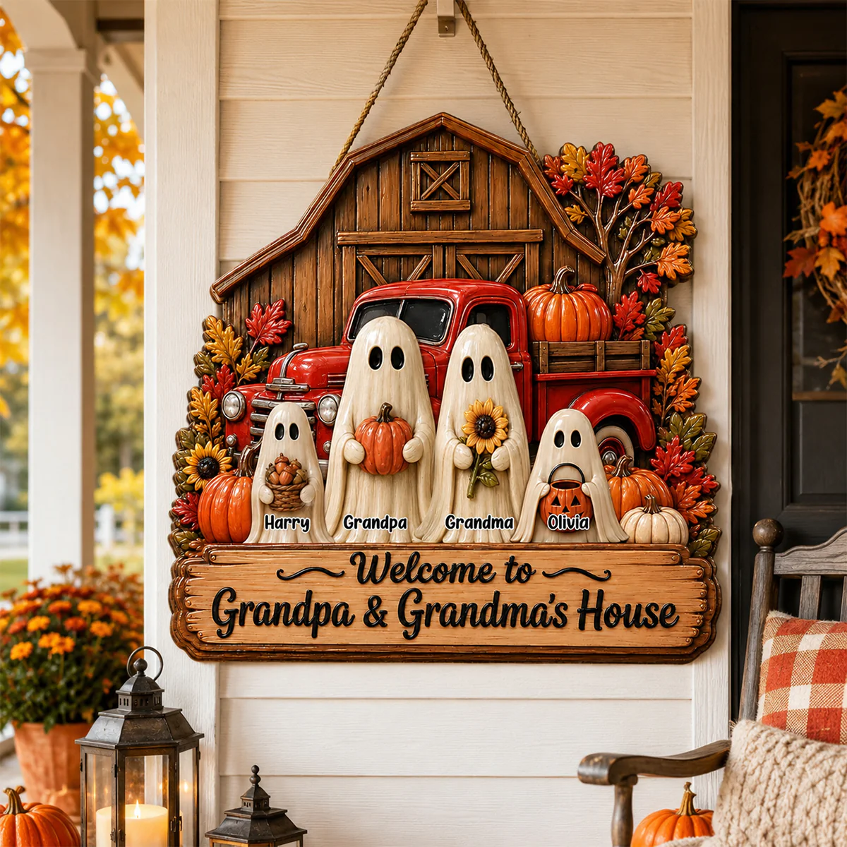 Welcome To Grandpa Grandma Ghost Farmhouse - Personalized Wood Sign - Halloween Decor Gift, Gift For Grandma Grandpa - Image 7