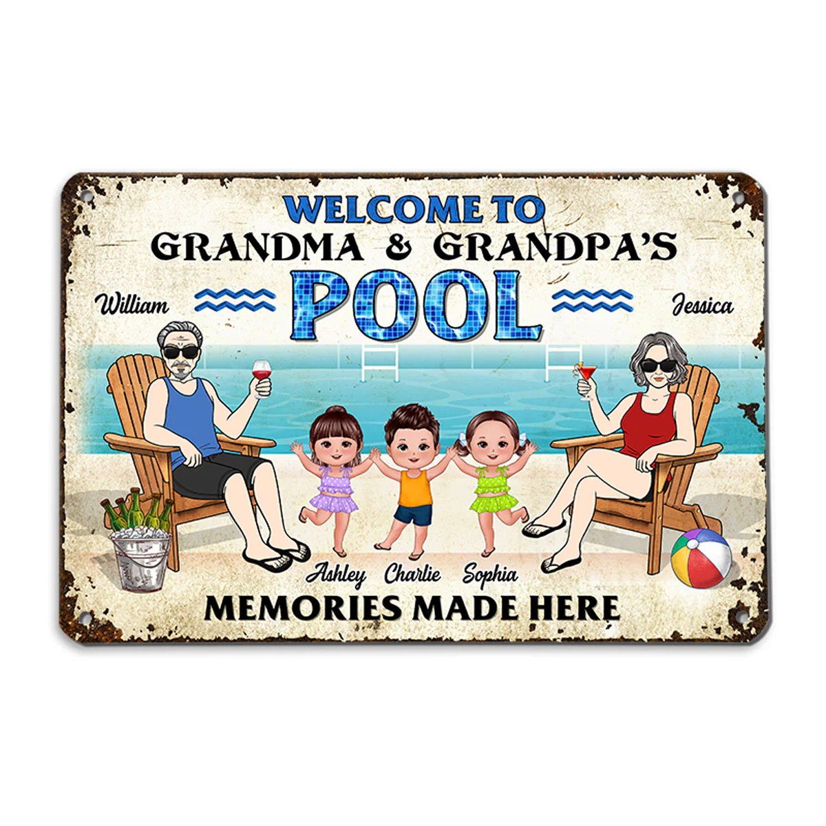 Welcome To Grandparents Pool Happy Doll Kids Summer Personalized Metal Sign