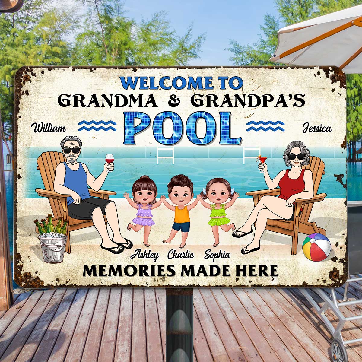 Welcome To Grandparents Pool Happy Doll Kids Summer Personalized Metal Sign - Image 2