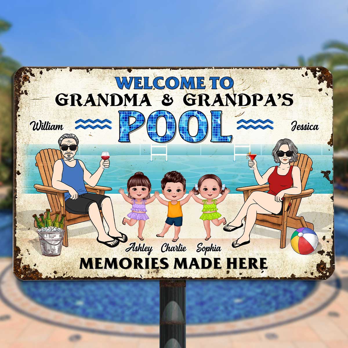 Welcome To Grandparents Pool Happy Doll Kids Summer Personalized Metal Sign - Image 3