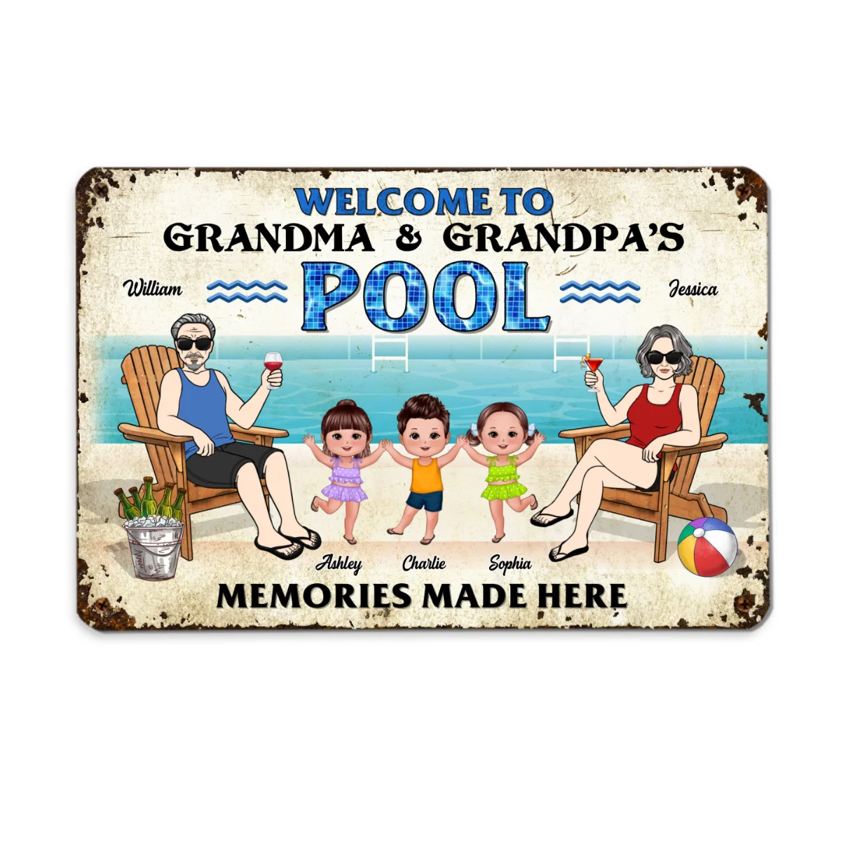 Welcome To Grandparents Pool Happy Doll Kids Summer Personalized Metal Sign - Image 4