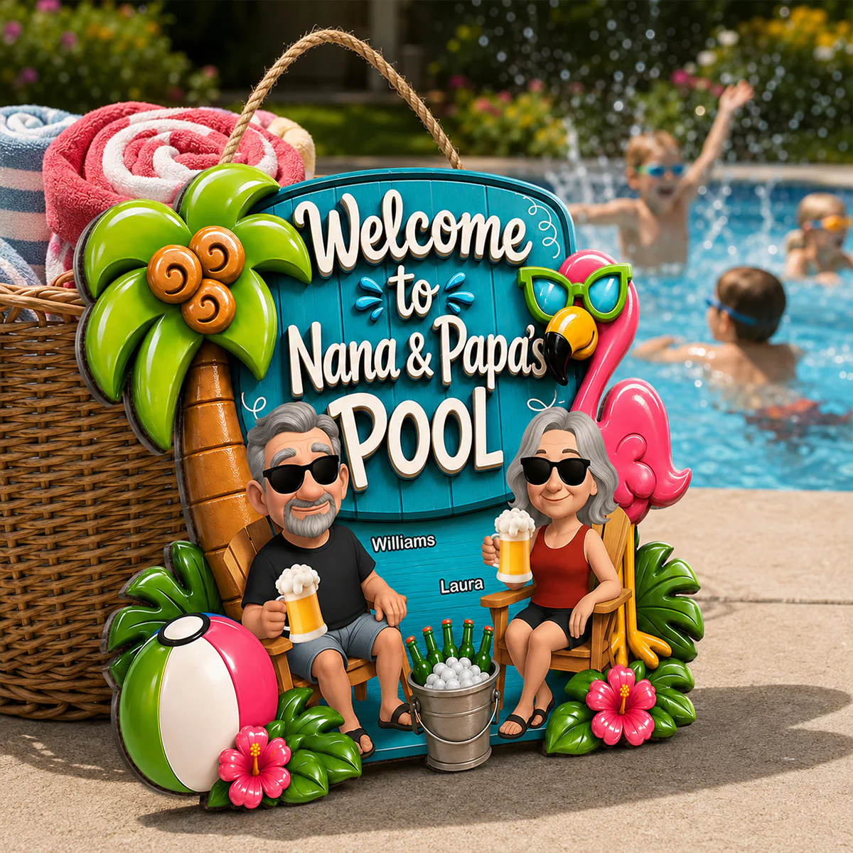 Welcome To Nana & Papa's Pool Funny - Personalized Wood Sign - Gift For Grandpa, Grandma, Summer Decorations - Image 3