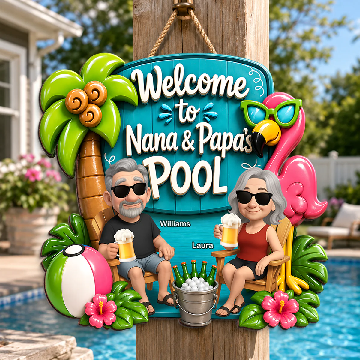 Welcome To Nana & Papa's Pool Funny - Personalized Wood Sign - Gift For Grandpa, Grandma, Summer Decorations - Image 7