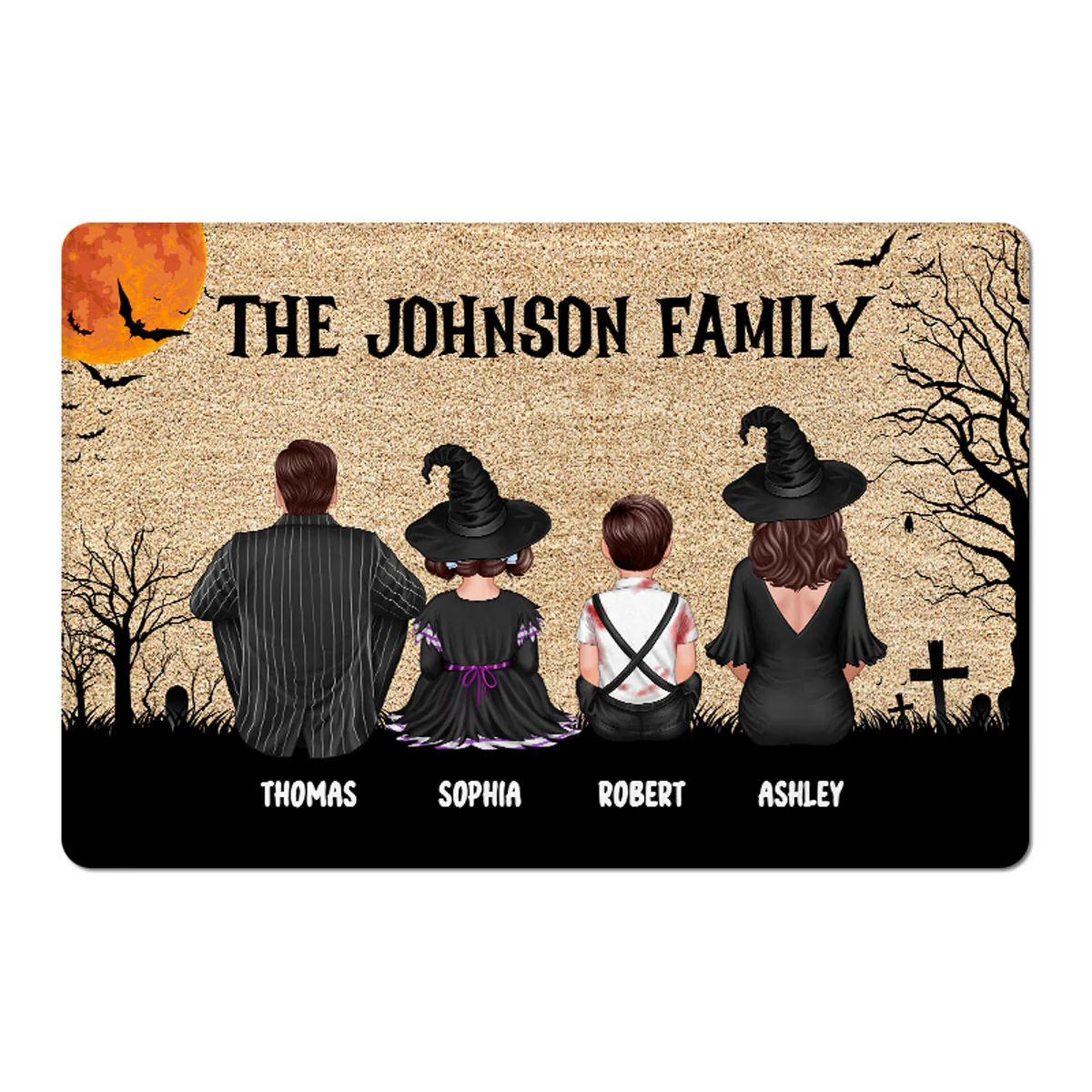 Welcome To Our Family Halloween Back View Couple Family Kid Dog Cat Personalized Doormat