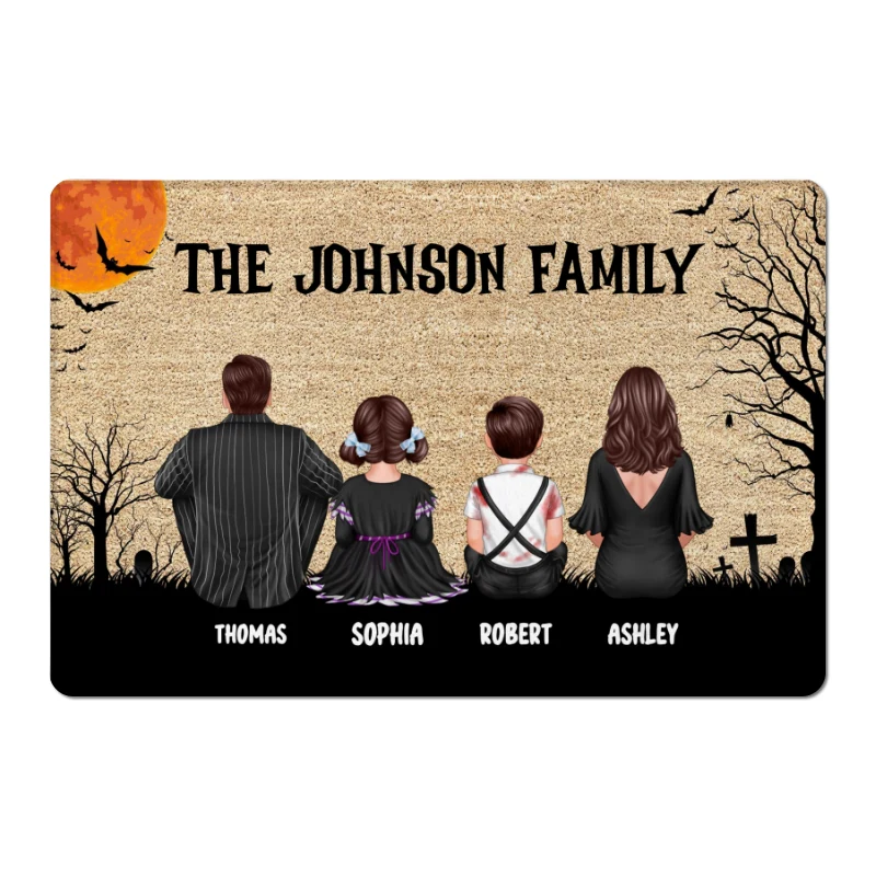 Welcome To Our Family Halloween Back View Couple Family Kid Dog Cat Personalized Doormat - Image 5
