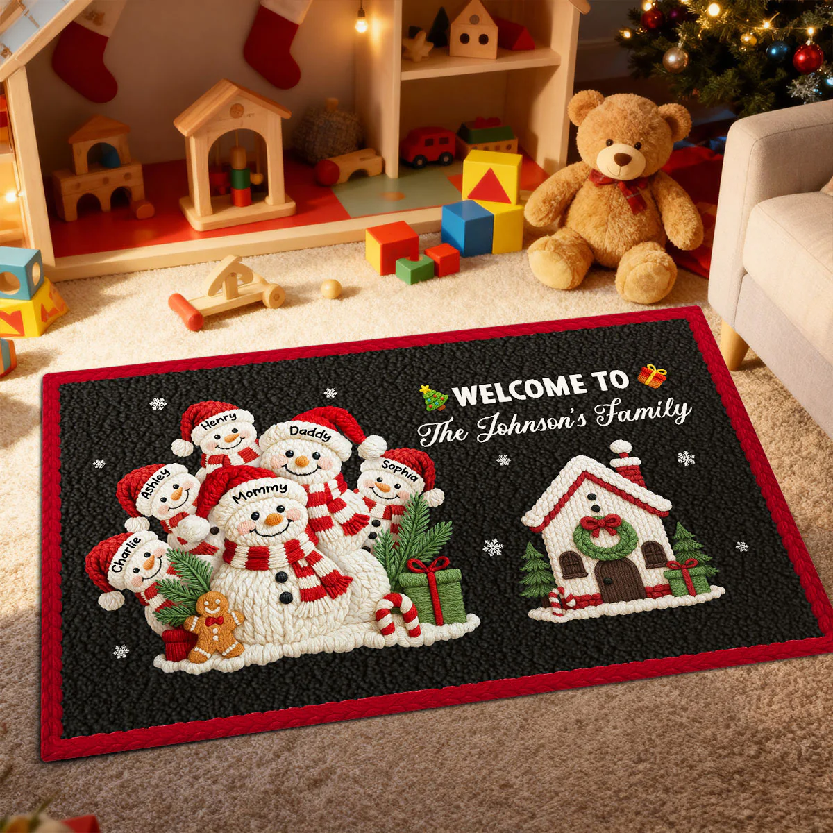 Welcome to Our Family Snowman Latch Hook Yarn Faux - Personalized Doormat - Festive Christmas Decor for Family - Image 3