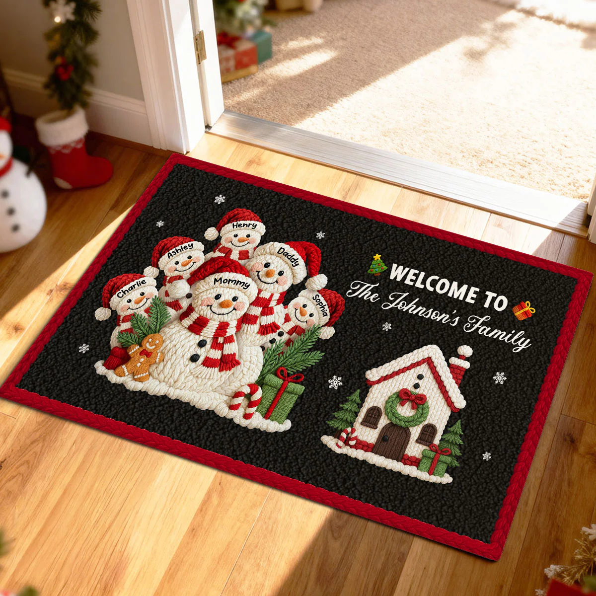 Welcome to Our Family Snowman Latch Hook Yarn Faux - Personalized Doormat - Festive Christmas Decor for Family - Image 4