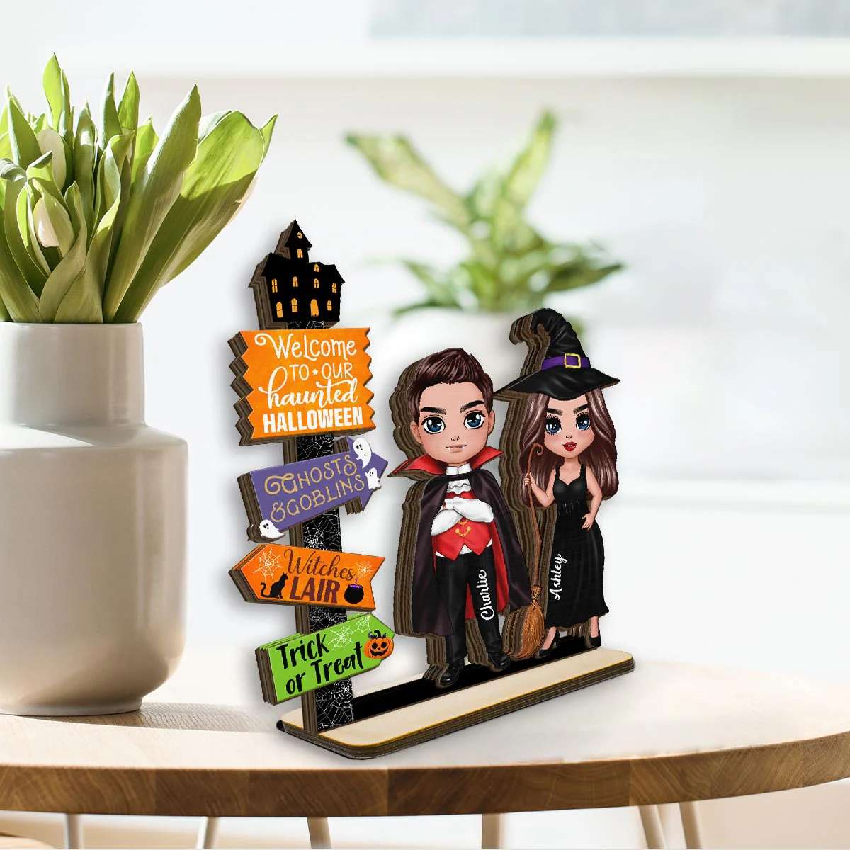 Welcome To Our Haunted House Couple Halloween Tier Tray Decor Personalized 2-Layer Standing Wooden Plaque - Image 5