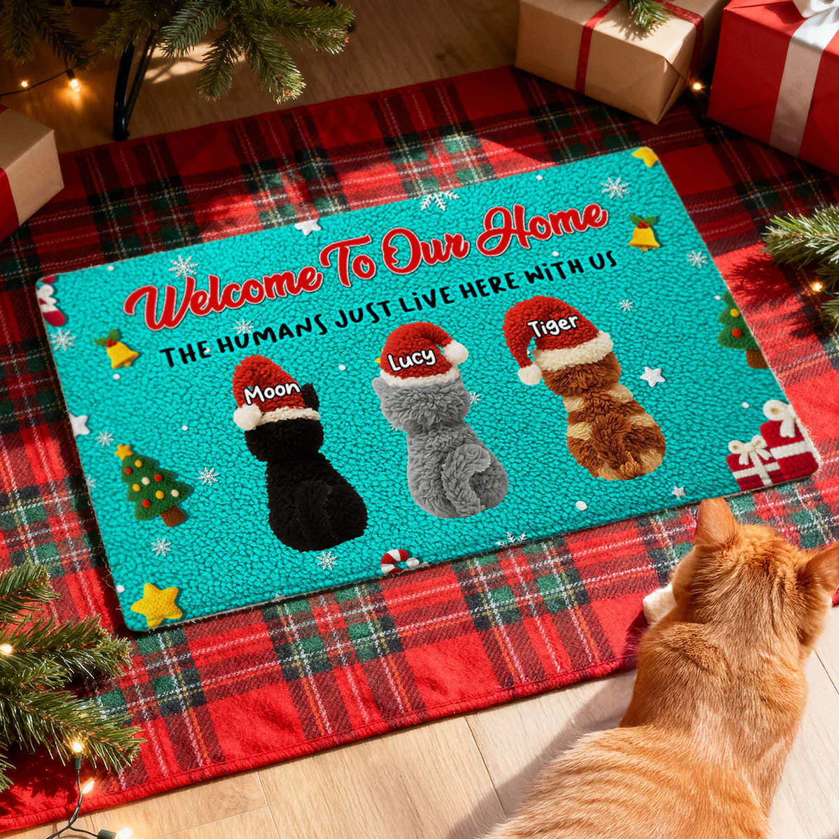 Welcome to Our Home The Humans Just Live Here - Personalized Doormat - Funny Cats Latch Hook Yarn Faux - Christmas Decor for Pet Lovers