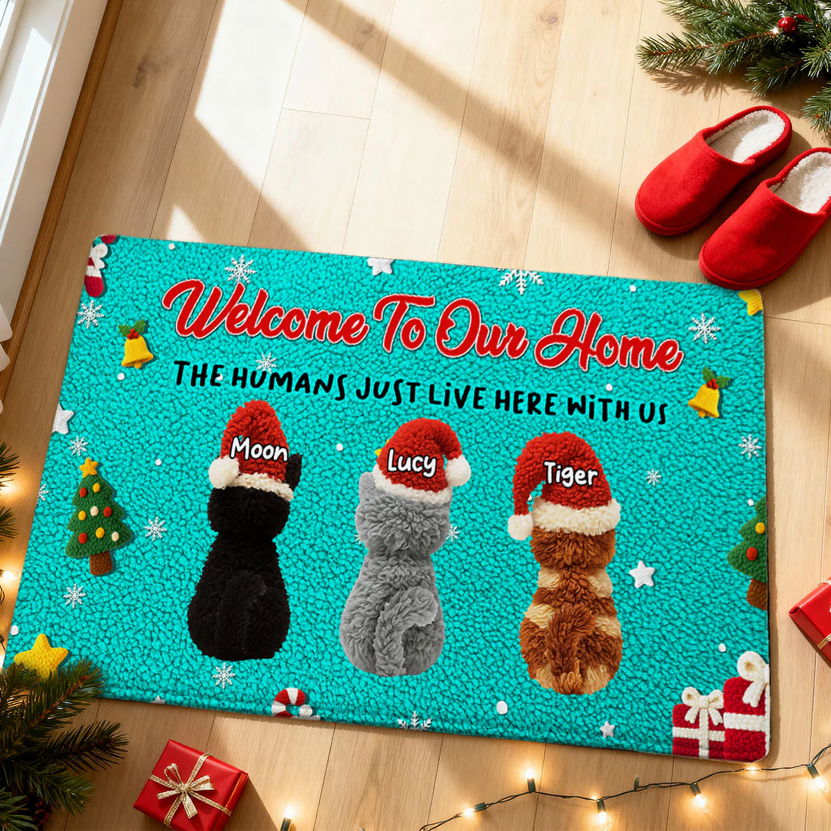 Welcome to Our Home The Humans Just Live Here - Personalized Doormat - Funny Cats Latch Hook Yarn Faux - Christmas Decor for Pet Lovers - Image 2