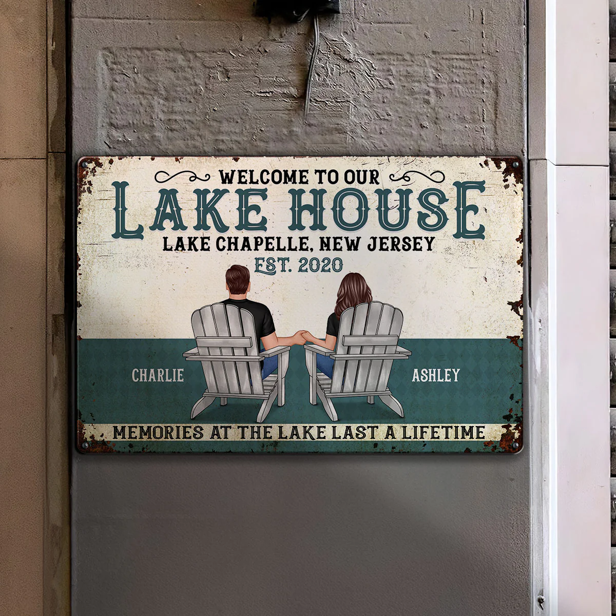 Welcome To Our Lake House Back View Couple Personalized Metal Sign - Image 3