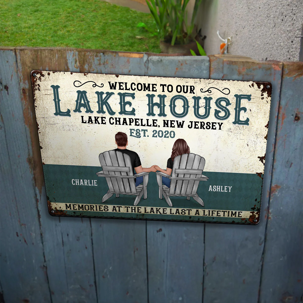 Welcome To Our Lake House Back View Couple Personalized Metal Sign - Image 5