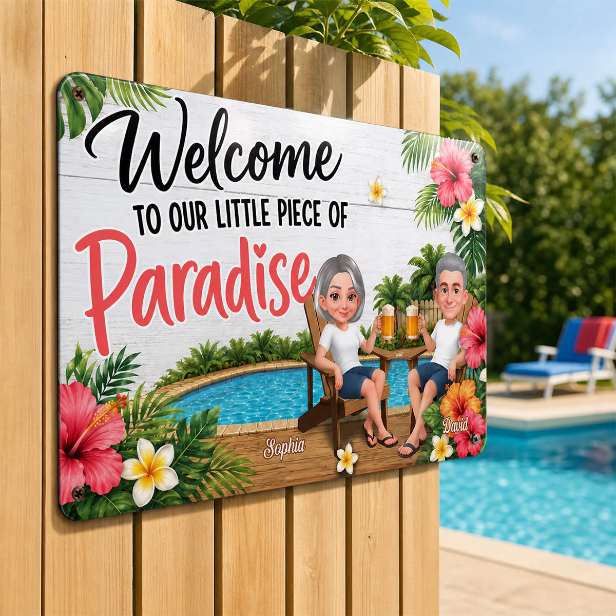 Welcome To Our Little Piece Of Paradise - Personalized Metal Sign - Outdoor Pool Fun Wall Decoration - Image 3