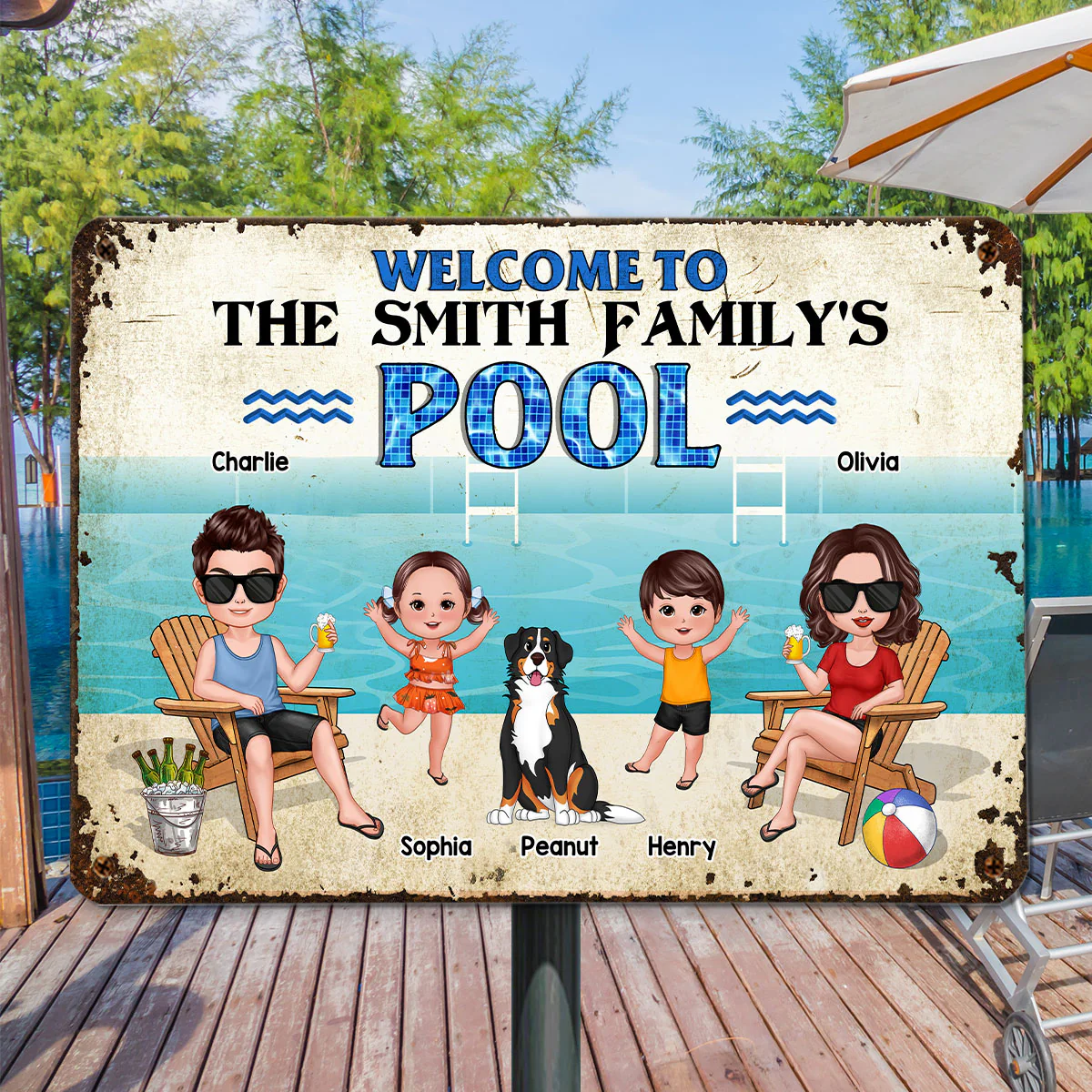 Welcome To Our Pool Whole Family Doll Couple Dad Mom Kids Dogs Cats Summer Personalized Metal Sign - Image 2