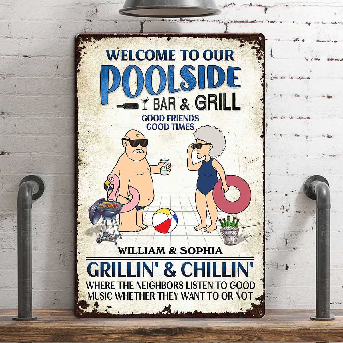Welcome To Our Poolside Funny Old Couple Personalized Metal Sign - Image 2