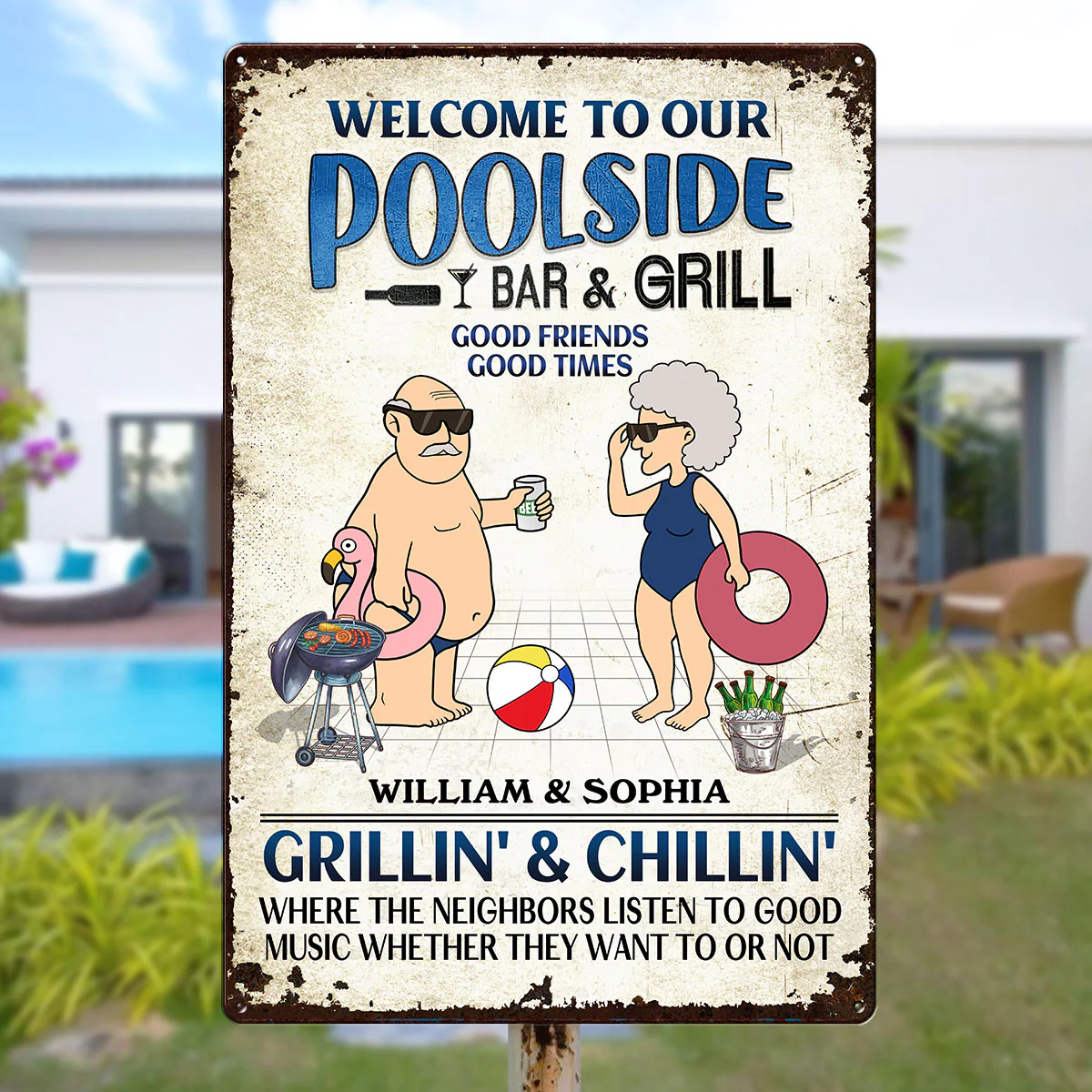 Welcome To Our Poolside Funny Old Couple Personalized Metal Sign - Image 3