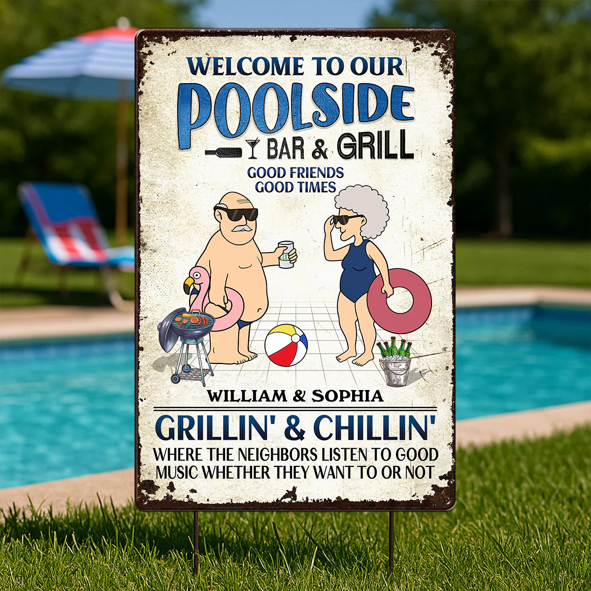 Welcome To Our Poolside Funny Old Couple Personalized Metal Sign - Image 4