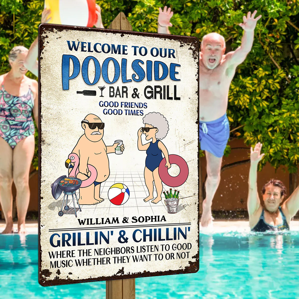 Welcome To Our Poolside Funny Old Couple Personalized Metal Sign - Image 6